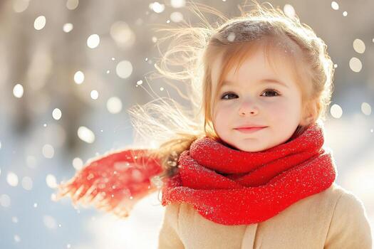 Girl with a red scarf enjoying a snowy forest while sunlight filters through the trees creating a serene atmosphere photo