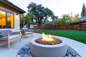 Modern firepit surrounded by stone tiles in a sleek backyard with minimalist outdoor furniture during a warm evening photo