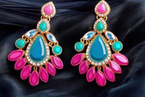 Bold and elegant statement earrings featuring fuchsia and teal hues displayed on a matte black velvet background photo