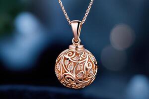 Close-up of a rose gold pendant with intricate filigree design suspended on a delicate chain against a soft black velvet backdrop photo