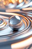 Elegant chrome sphere surrounded by swirling ribbons of liquid metal in an iridescent gradient within a softly illuminated dark space photo