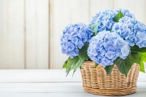 Delicate blue hydrangeas arranged in a rustic basket on a wooden surface illuminated by soft natural light photo