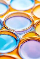 Liquid metal droplets merge on a reflective surface illuminated by vibrant neon lights creating intricate patterns and dynamic colors in a close-up view photo