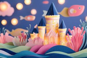 Whimsical underwater castle created from glowing paper-cut layers surrounded by colorful fish and seaweed photo