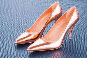 Glamorous high-heeled shoes in rose gold metallic finish set on a luxurious black textured background for fashion enthusiasts photo