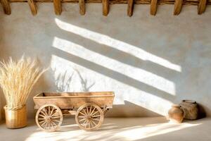 Charming wooden cart in a rustic barn filled with tools and bathed in soft gray-blue light, evoking nostalgic countryside vibes photo