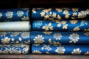Close-up display of luxurious indigo fabric rolls with gold floral patterns on rustic wooden shelf photo