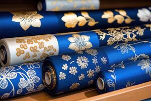 Luxurious indigo fabric rolls with gold floral patterns displayed on a rustic wooden shelf for interior design inspiration photo
