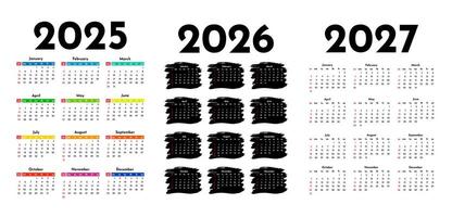 Set of three vertical calendars for 2025, 2026 and 2027 isolated on a white background. Sunday to Monday, business template vector
