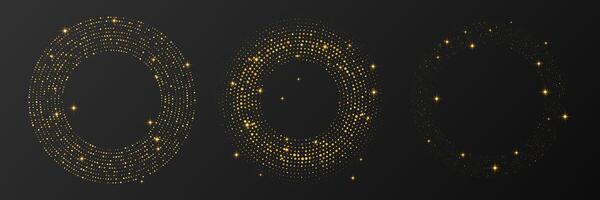 Abstract gold glowing halftone dotted background. Set of three gold glitter patterns in circle form. Circle halftone dots vector