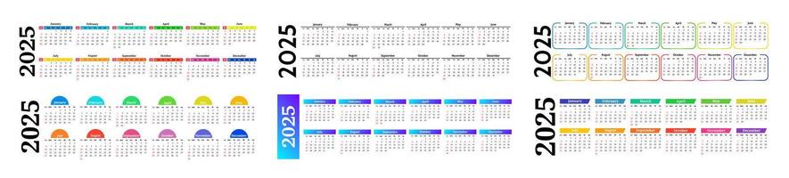 Set of six horizontal calendars for 2025 isolated on a white background. Sunday to Monday, business template. illustration vector