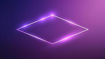 Neon rhomb frame with shining effects on dark purple background. Empty glowing techno backdrop. illustration vector