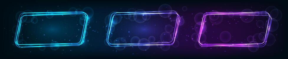 Set of three neon rounded parallelogram frames with shining effects and sparkles on dark background. Empty glowing techno backdrop. illustration vector
