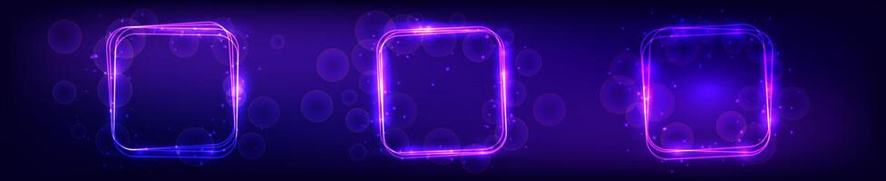 Set of three neon rounded square frames with shining effects and sparkles on dark background. Empty glowing techno backdrop. illustration vector