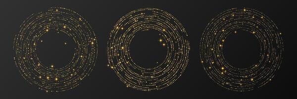 Abstract gold glowing halftone dotted background. Set of three gold glitter patterns in circle form. Circle halftone dots. illustration vector