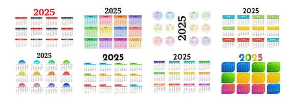 Set of eight calendars for 2025 isolated on a white background. Sunday to Monday, business template. illustration vector