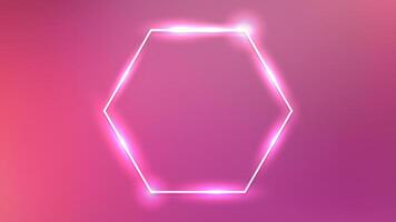 Neon hexagon frame with shining effects on pink background. Empty glowing techno backdrop. illustration vector