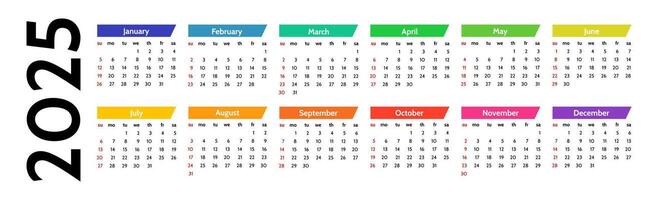 Horizontal calendar for 2025 isolated on a white background. Sunday to Monday, business template. illustration vector