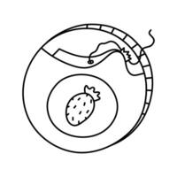Lovely outline dental floss in circle case with strawberry taste. Trendy hand drawn container of teeth string with label for interdental hygiene. Oral care tool doodle isolated on white background. vector