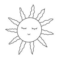 Lovely black and white esoteric sun with face with closed eyes and wavy rays. Hand drawn tarot, Sun of May and Argentine symbol. Mystical and magic doodle isolated on white for tattoo, design, web. vector