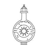 Lovely scribble magic potion in round bottle with sun symbol on label, vintage lid for sunshine energy. Hand drawn esoteric and alchemy elixir in glass jar of witch and wizard isolated on white. vector