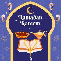 Ramadan Social Media Post design with al quran, date fruit, magic lamp. A good template for advertising on social media. Perfect for social media posts, background, and web banner internet ads. vector