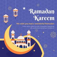 Ramadan Social Media Post design with mosque, crescent moon, hanging lamp. A good template for advertising on social media. Perfect for social media posts, background, and web banner internet ads. vector