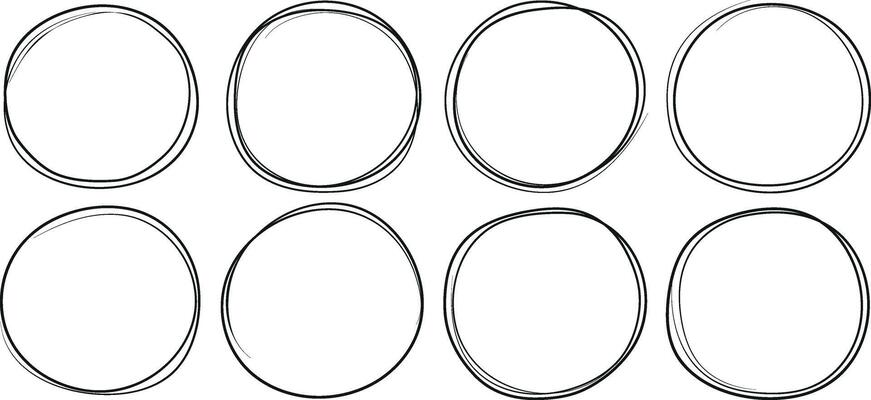 Hand drawn circle line sketch set. Circular scribble doodle round circles for message note mark design element. Pencil or pen graffiti bubble or ball draft illustration. Frame for textbox.