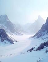 a snow-covered valley nestled between rugged mountains under a dramatic, photo