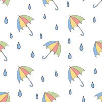 doodle cartoon style seamless pattern with raindrops and colorful umbrella on a white background vector