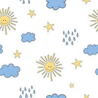 cute doodle seamless pattern with blue raindrops, happy smiling sun, clouds and stars on a white background in doodle style vector