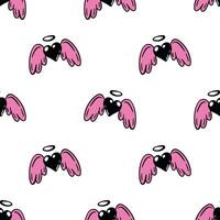 seamless pattern of doodle black hearts with pink wings and nimbus on white background, romantic valentines day texture vector