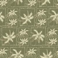 Green geometric tropical palm tree seamless pattern. Hand drawn jungle coconut in the frame. Summer vacation beach print. Safari textile design, botanical wallpaper, repeat background, fabric. vector