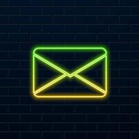 Glowing neon line Envelope icon isolated on brick wall background. Email message letter symbol. Colorful outline concept. vector