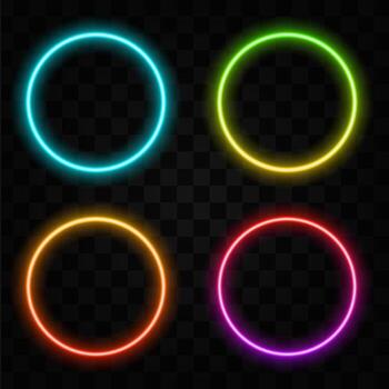 Round circle picture frame with different shades of neon tone tone graphic on isolated dark background. Light moving to overlay element. 3D illustration rendering. Empty space in between vector