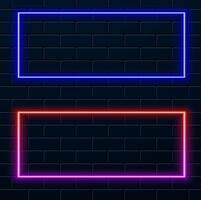 Blue red neon rectangle with rounded edges, lighting frame, bright neon light border, retro led neon lamp tube on dark background vector