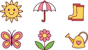 This set of six cartoon icons depicts various spring elements in a cheerful, kid-friendly style. vector