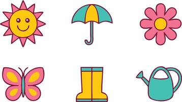 A set of cheerful, cartoon style icons depicting springtime elements, a sun with a smiley face, an umbrella, a flower, a butterfly, rain boots, and a watering can. vector
