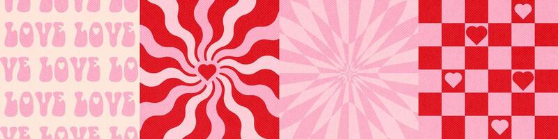 Various pink and red colored love backgrounds in the style of the 70s. Psychedelic valentines backgrounds. Retro vintage hippie Y2k Heart, ray, square chessboard. texture in psychedelic style. vector