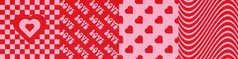 Groovy valentines day dichromatic square backgrounds in retro style set. Greeting card and cover templates collection with geometric patterns. simple flat illustration. vector