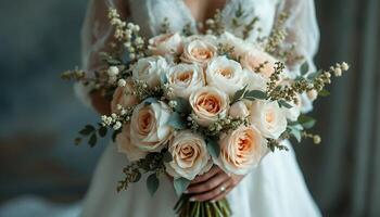 Elegant Bridal Bouquet Of Peach Roses And Greenery photo