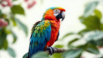 Scarlet Macaw Perched on Branch Amidst Lush Green Foliage photo