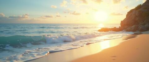 Serene Sunset Ocean Waves Crashing Gently On Sandy Beach photo