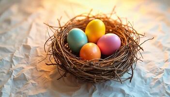 Colorful Easter eggs nestled in a twig nest photo