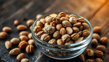A Glass Bowl Filled With Assorted Nuts photo