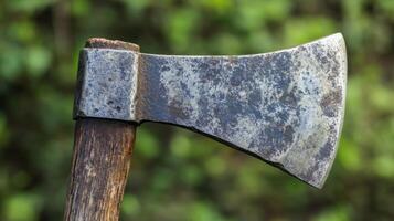 Close-up of an Axe with a Rugged Worn Handle photo