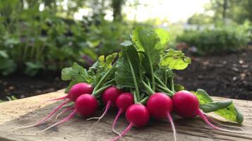 Cluster of Fresh Red Radishes with Crisp Green Tops photo