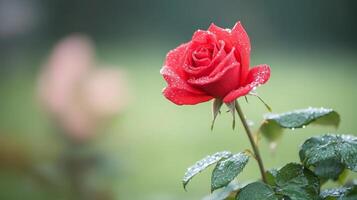 Close-Up of a Blooming Red Rose with Dew Drops on Petals photo