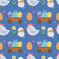 Seamless pattern with Easter eggs, chicken, chicken, flowers. illustration of Easter wrapping paper design with colorful eggs - seamless background. . vector