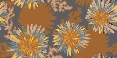 a pattern with yellow ,and brown flowers on a gray background vector